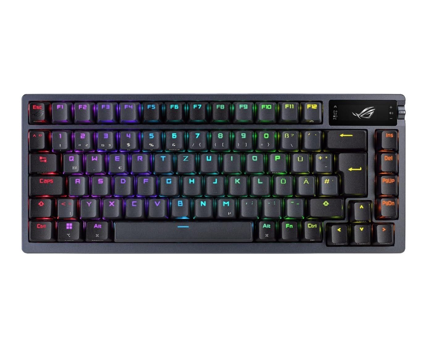 ASUS ROG Azoth Wireless Custom Gaming-Tastatur in der Draufsicht, 75-Prozent-Layout, deutsche QWERTZ-Belegung, beleuchtete Tasten