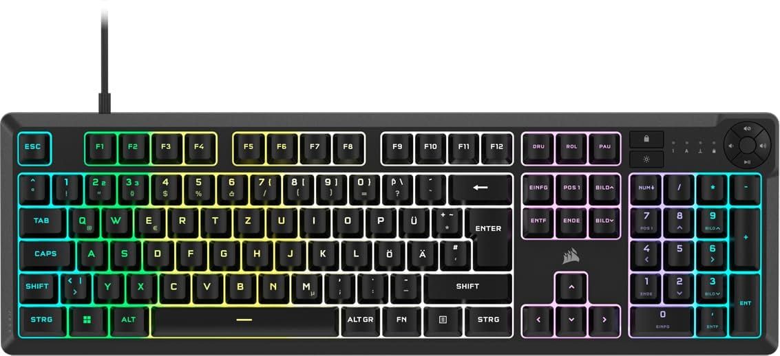 Corsair K55 CORE RGB Gaming-Tastatur in der Draufsicht, Full-Size-Layout, deutsche QWERTZ-Belegung, beleuchtete Tasten