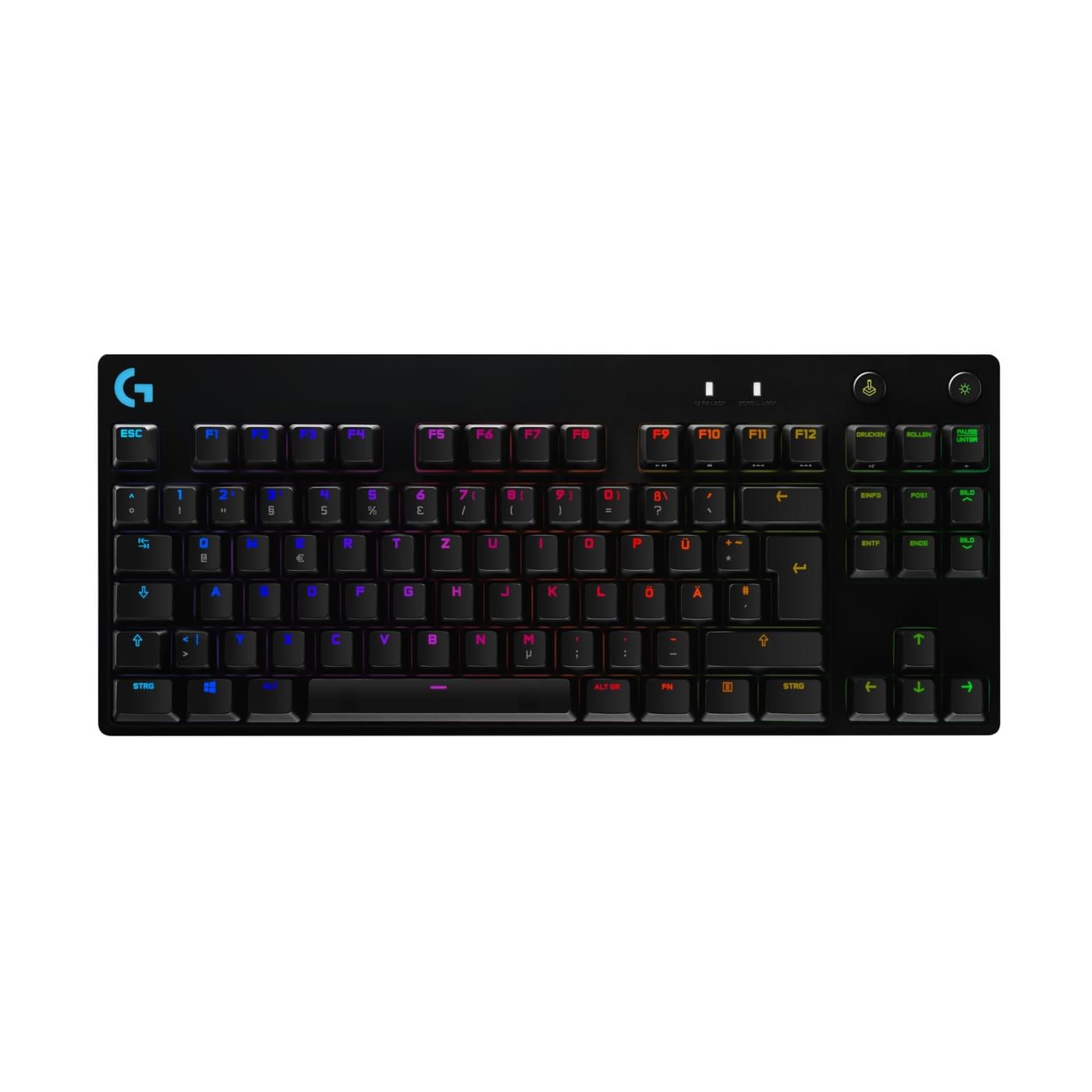 Logitech G Pro Mechanische TKL Gaming-Tastatur in der Draufsicht, TKL-Layout ohne Nummernblock, deutsche QWERTZ-Belegung, beleuchtete Tasten