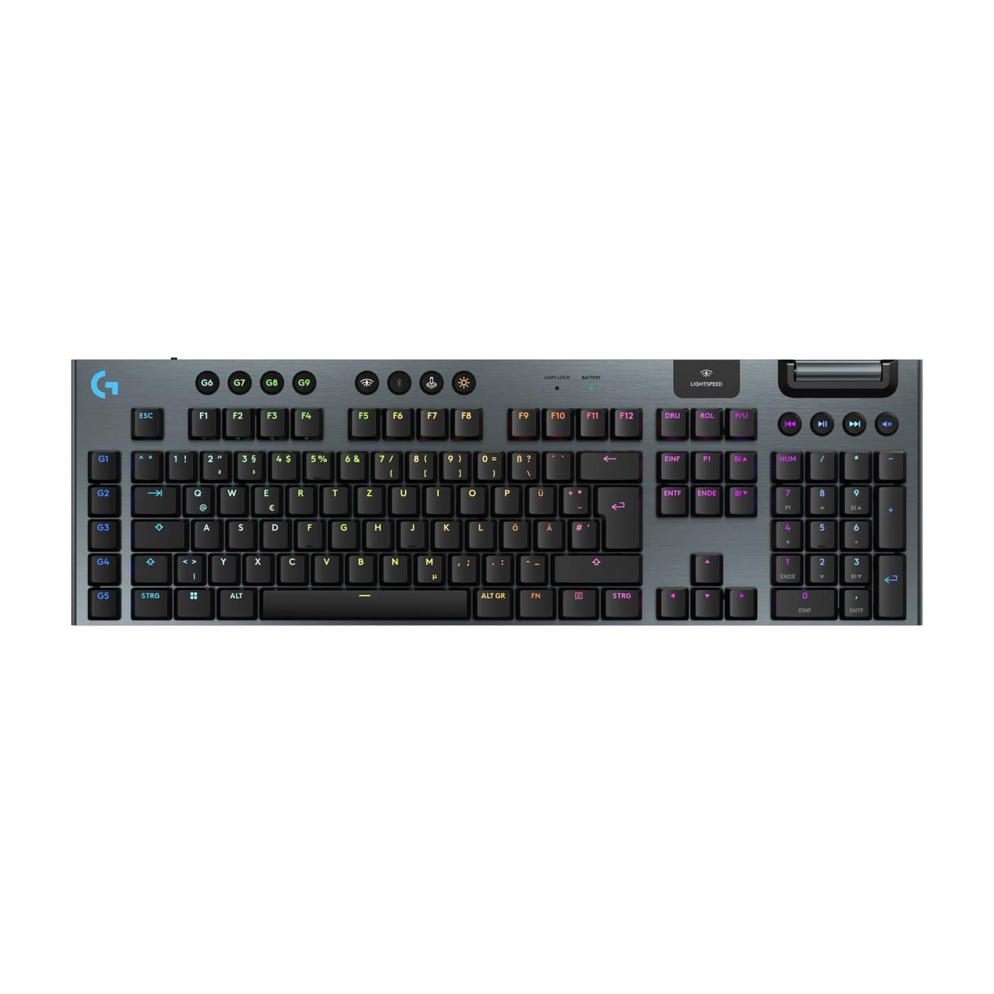 Logitech G915 X Lightspeed RGB Gaming-Tastatur in der Draufsicht, Full-Size-Layout, deutsche QWERTZ-Belegung, beleuchtete Tasten