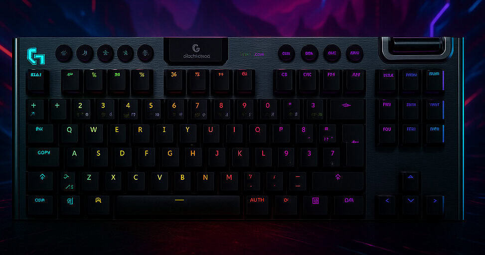 Gaming Tastatur mit RGB-Beleuchtung vor dunklem Hintergrund